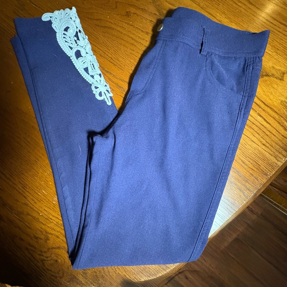 Amaryllis Navy Pull On Jean Style Pants with White Detail. Size L